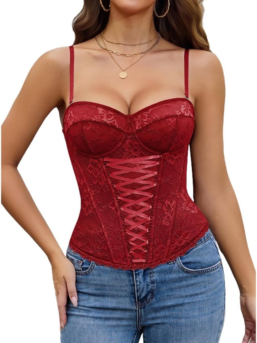 Women Red Rows Hook Supportive Cups Bustier Lace Up Front Underwire Corset Top